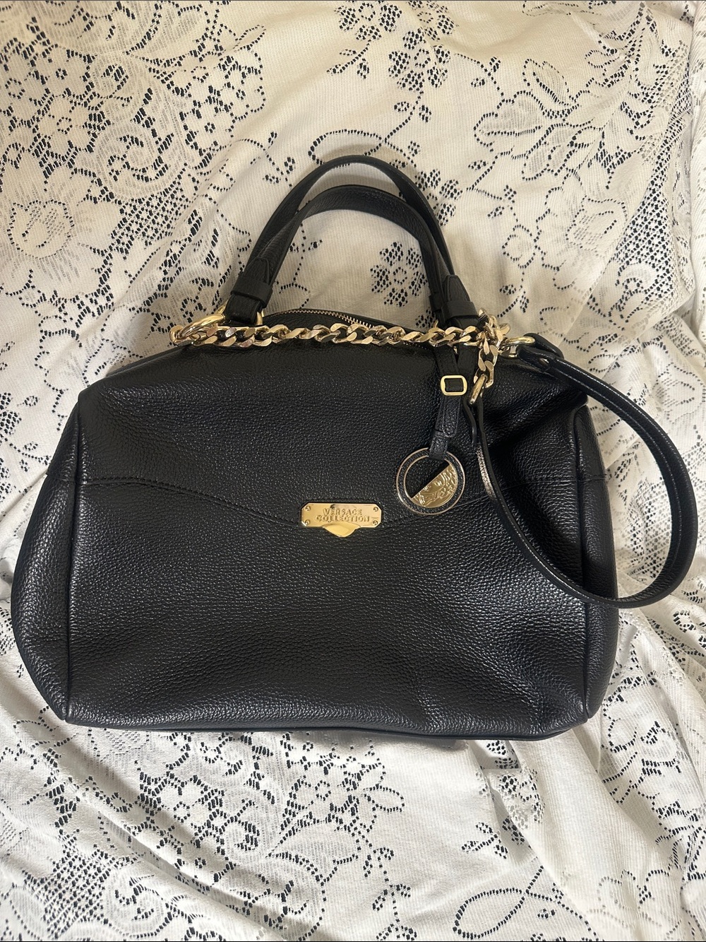 Versace Collection Black Leather Satchel with Gold Hardware